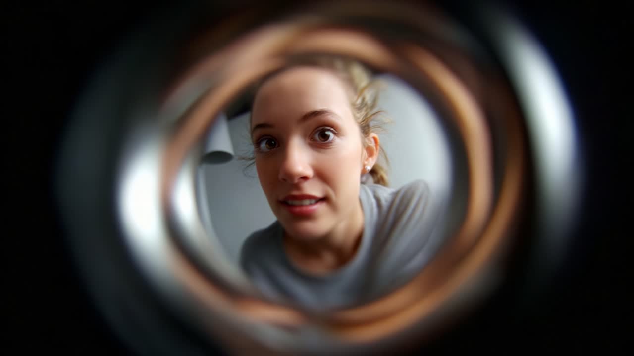 A Surprised Young Woman Peering Through a Small Opening, Capturing the Moment of Anticipation and Curiosity as She Looks Through the Lens in Intriguing Close-Up View
