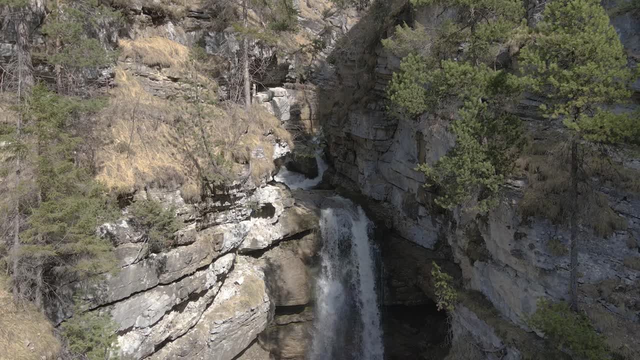 Fly in with drone at Bavarias Kuhflucht waterfalls near Zugspitze