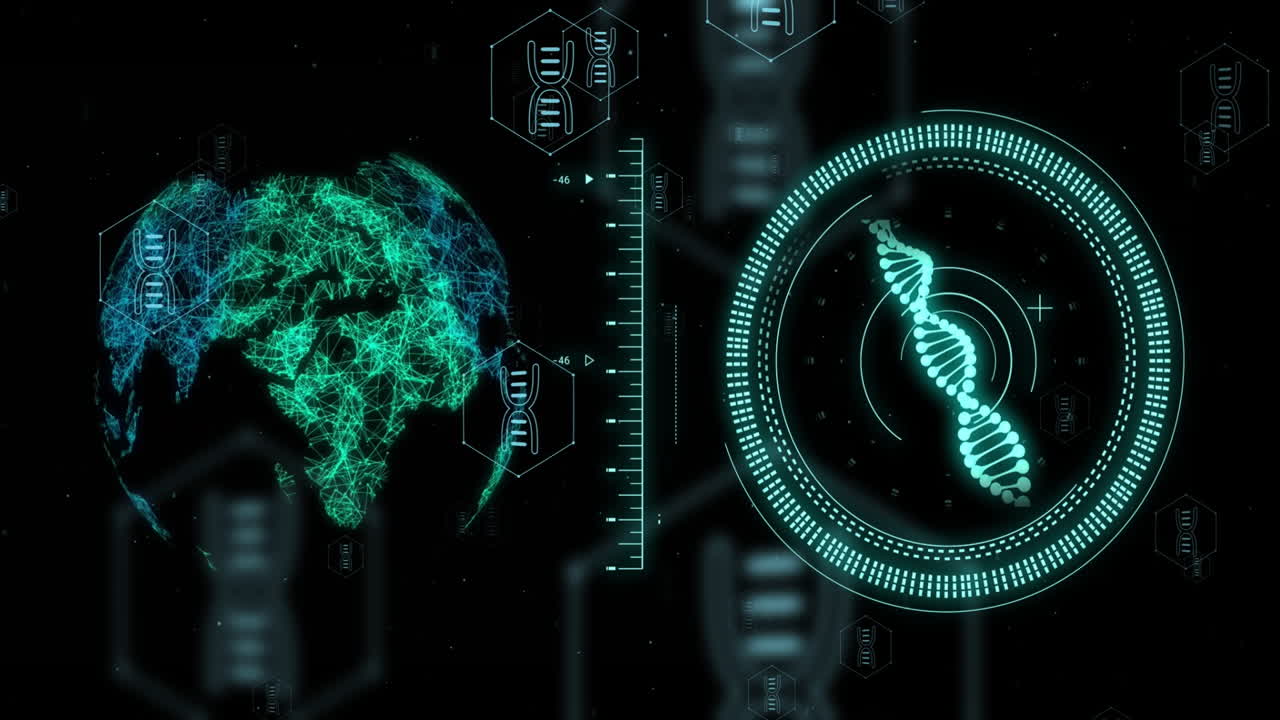 Animation of dna strand, globe and digital data processing over black background