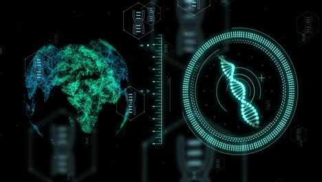 animación de la cadena de adn, globo y procesamiento de datos digitales sobre fondo negro