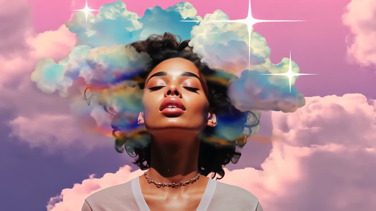 Surreal video concept with a dreamy style, featuring a low-angle shot of a woman with clouds merging