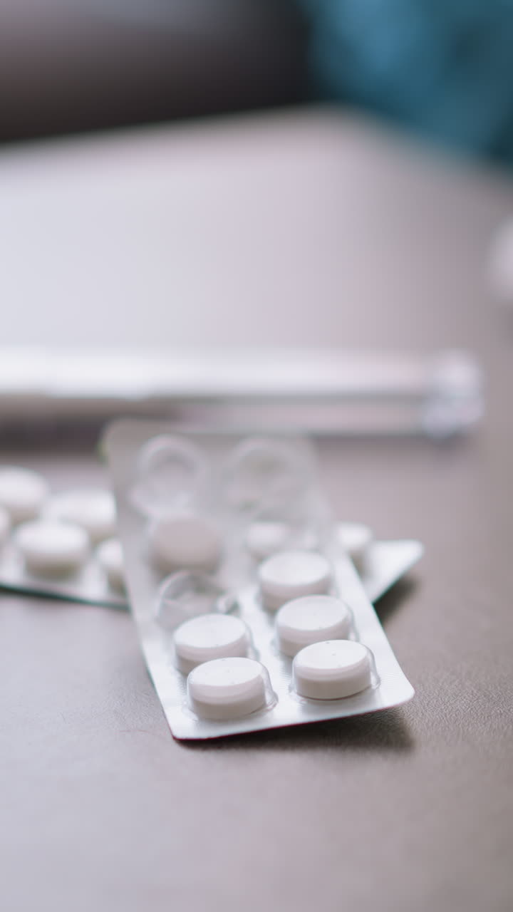 Close-up of medication, used tissue, glass cup, and thermometer on table with light reflections, indicating illness or fever, with all items suggesting recovery process from cold or flu