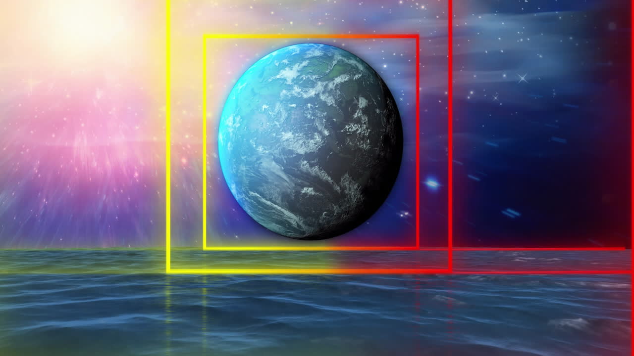 animación de formas coloridas sobre el planeta y el agua en el cielo con estrellas