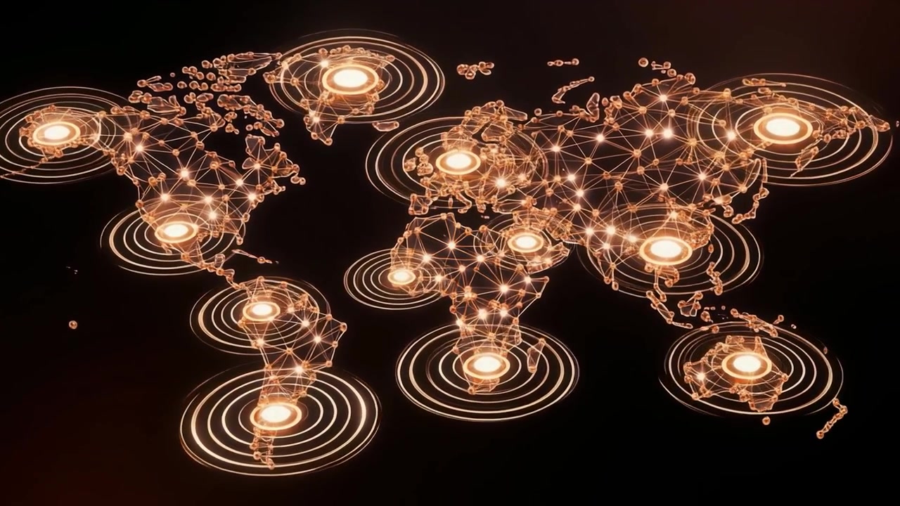 Digital World Map with Glowing Network Connections and Data Nodes