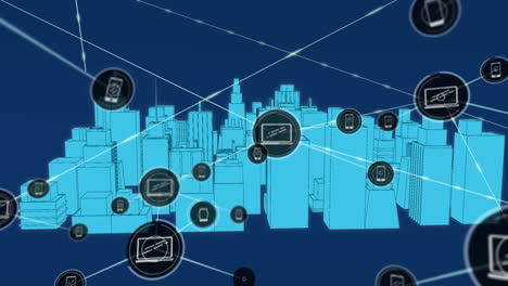 animación de la red de conexiones con iconos sobre el paisaje urbano digital
