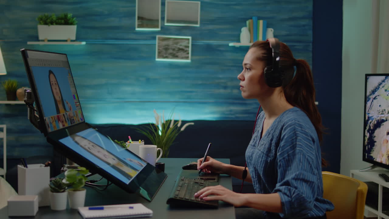 Woman photographer doing retouch work on pictures