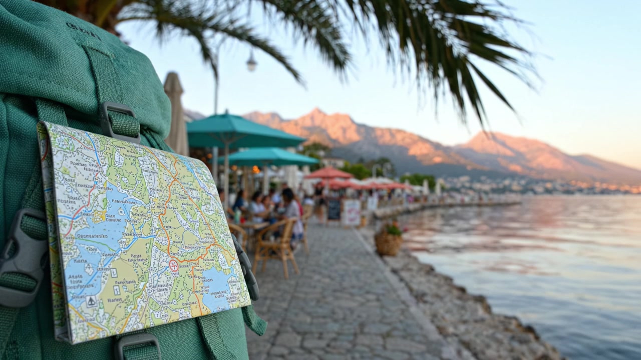 Esplorando la bellezza della natura: un litorale panoramico con montagne, palme e uno zaino con una mappa in un ambiente esterno sereno.