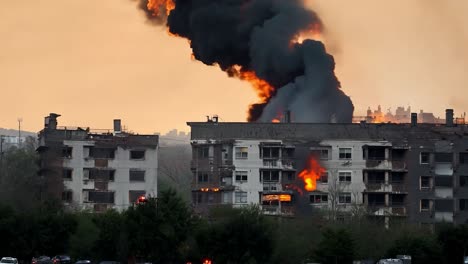 black smoke billows into the sky as flames engulf an apartment building, creating a scene of destruction and danger