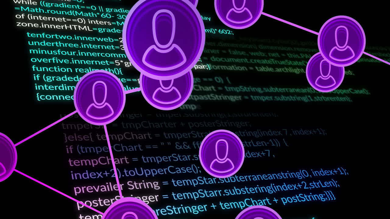 Animation of data processing and connections with people icons over dark background