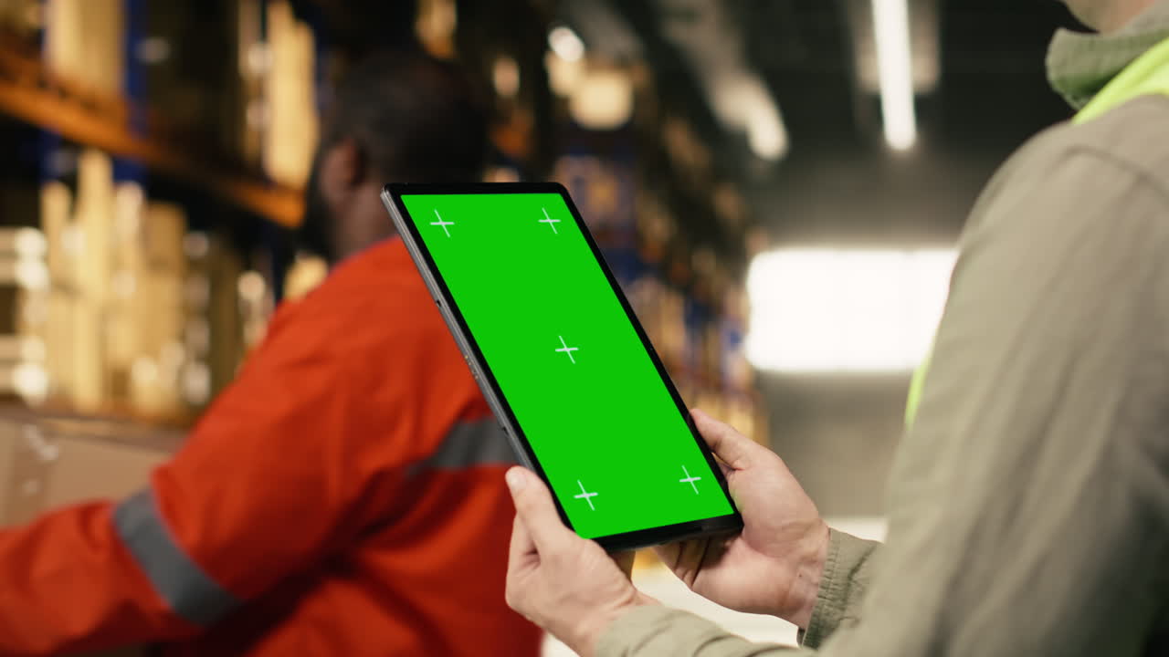Tavoletta verticale con chroma key e un lavoratore che gestisce il carico del centro logistico