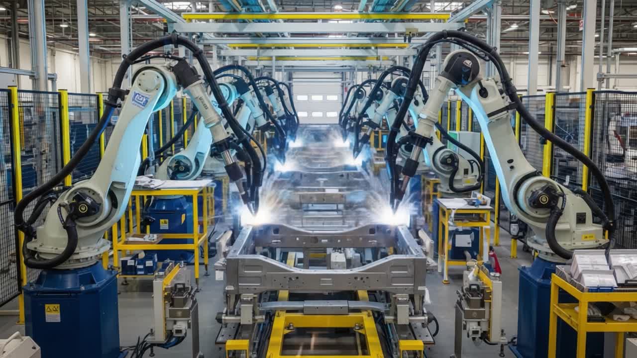 Advanced Industrial Robotics in Action: A High-Tech Assembly Line Featuring Precision Robotic Arms Welding Components Together in a Modern Manufacturing Facility