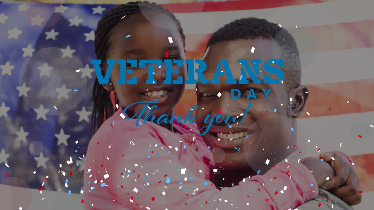 Animation of veterans day text over smiling african american soldier with daughter