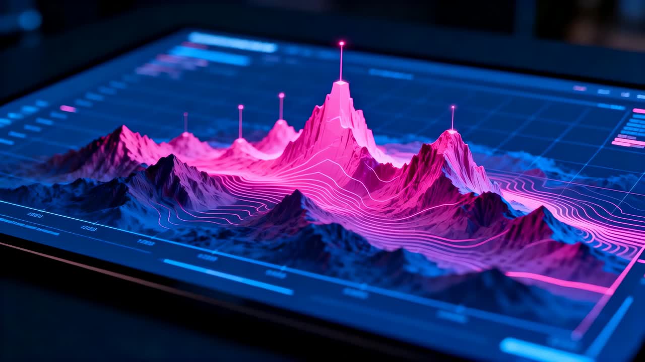 Zooming camera revealing tablet displaying neon data on dark desk emphasizing peak markers