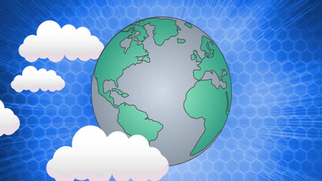 animación de globo verde y gris y cuadrícula hexagonal en cielo azul y nubes