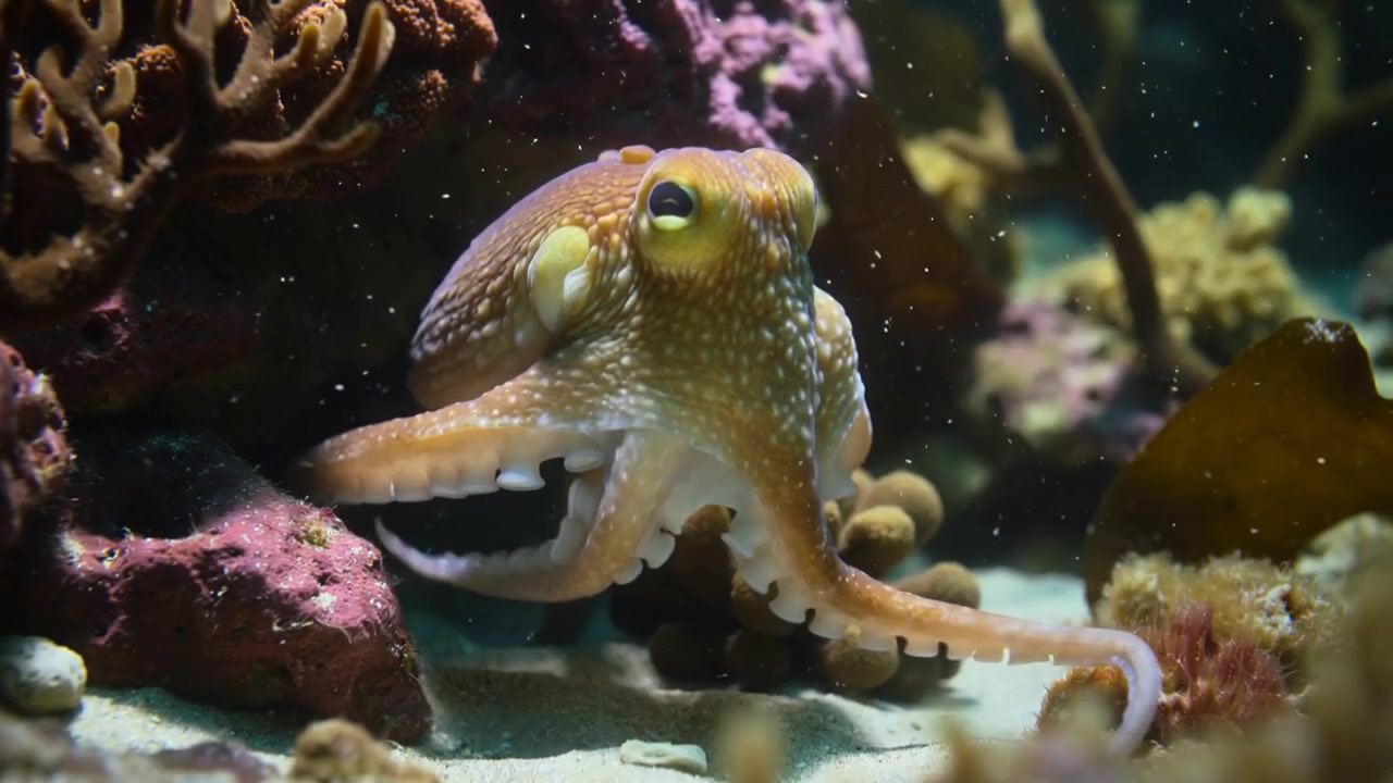 Polpo che emerge da una fessura ombreggiata della barriera corallina, estendendo i tentacoli ed esplorando la sabbia vicino a una roccia viola.