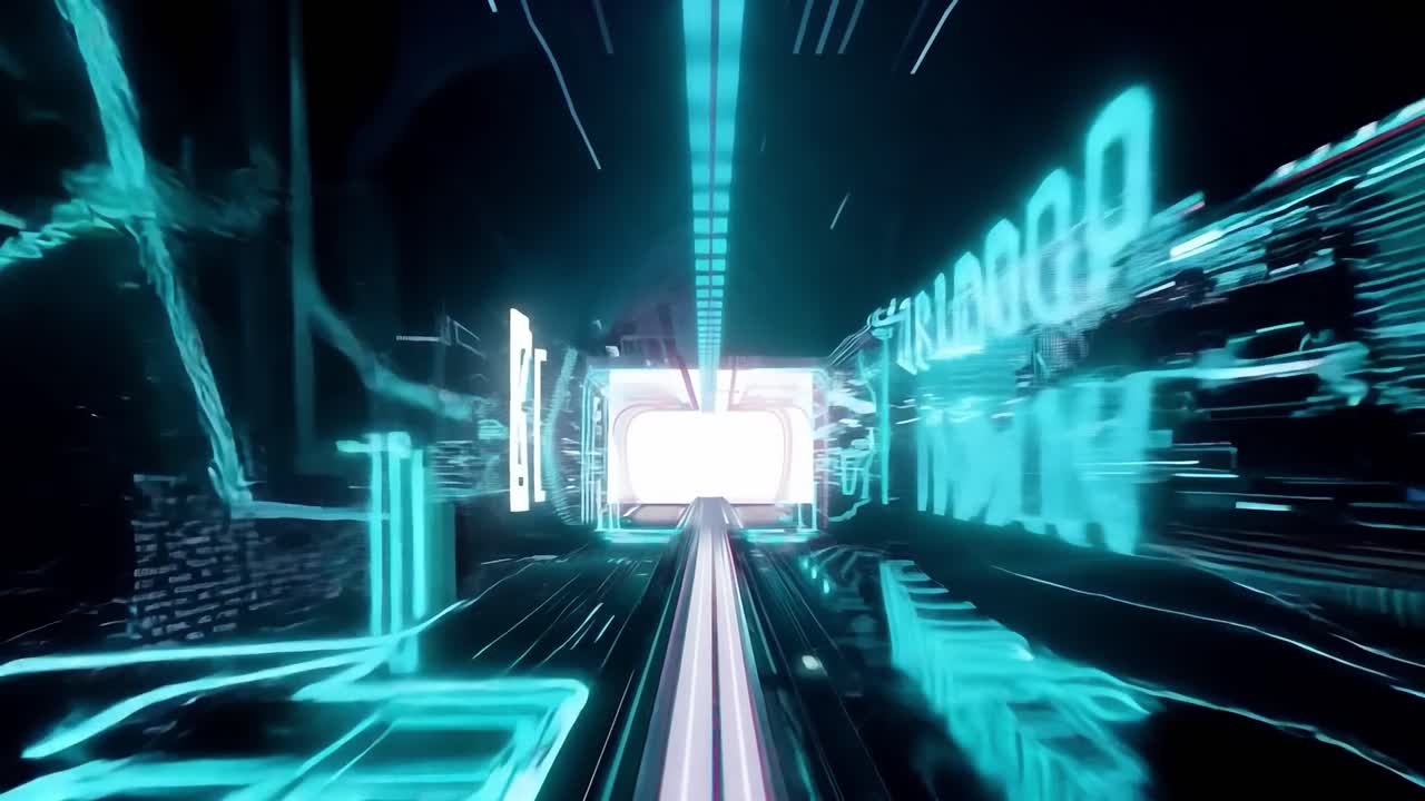 디지털 터널을 가로질러 빠른 움직임은 끝에서 밝은 색 화면으로 이어지는 활기찬 네온 조명을 보여줍니다.