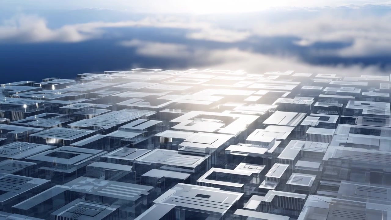 Expansive low oblique aerial view shows translucent glasslike rectangular platforms and stacked blocks arranged in repeating geometric grid over calm horizon lined seascape, with sweeping specular