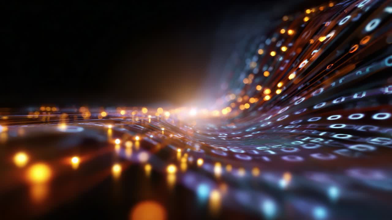 A Dynamic Digital Wave of Light and Color Showcasing Binary Code Patterns, Creating an Engaging Visual Experience of Technology's Constant Movement and Flow in a Futuristic Space
