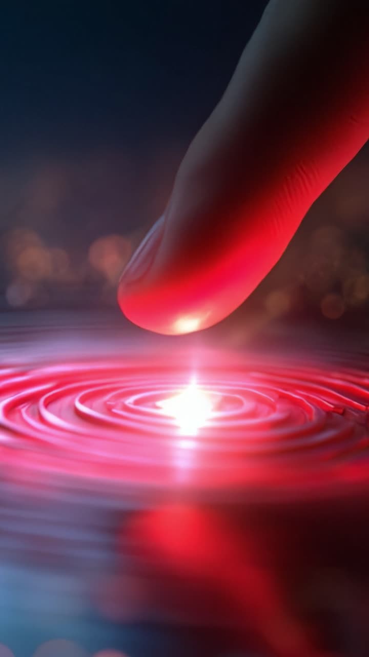 Eine faszinierende Nahaufnahme einer Fingerspitze, die die Oberfläche von ruhigem Wasser berührt, lebendige Wellen und ein strahlendes Licht erzeugt und die Schönheit der Interaktion mit der Natur betont.