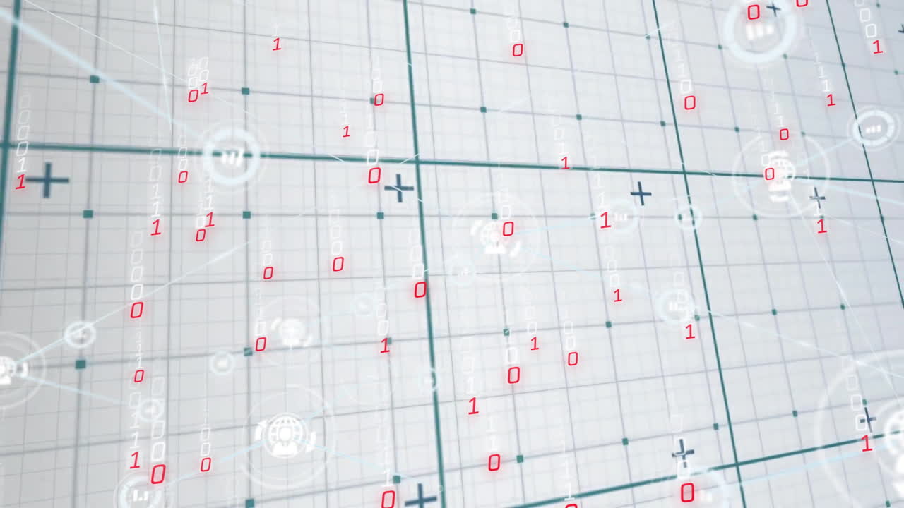 Animation of binary code and mathematical symbols overlaying grid pattern in school