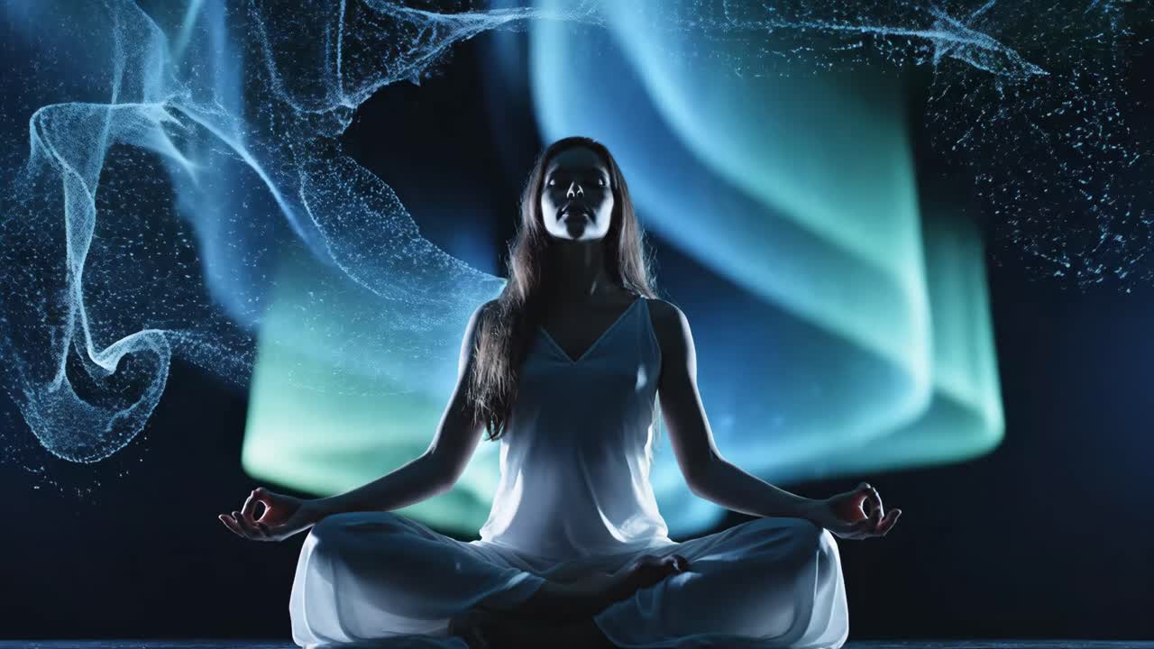 Woman meditating with light painting in the background