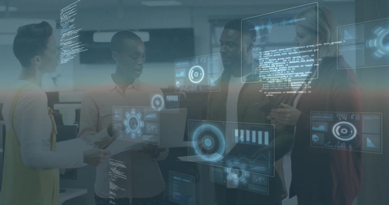 Animation of data processing over diverse business people having meeting at office