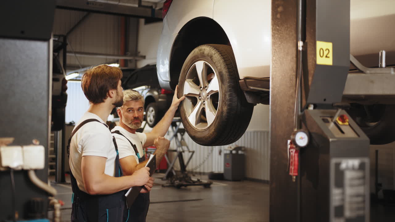 dos mecánicos inspeccionando una rueda de coche