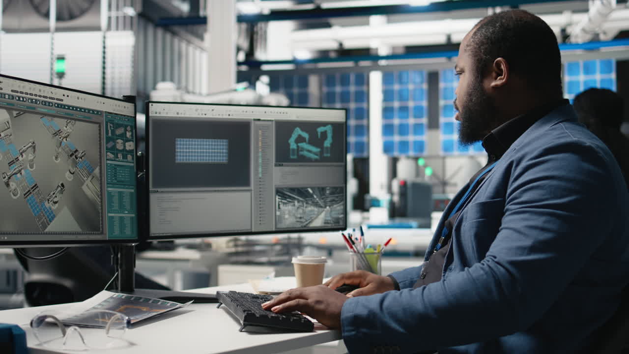 Man working on computer monitors in factory