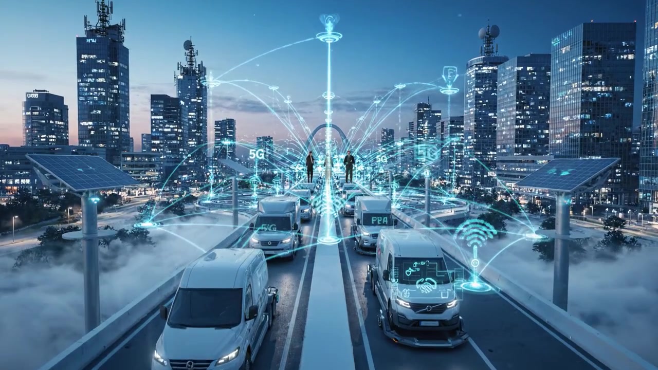 Ponte urbano futuristico che mostra connettività digitale avanzata, veicoli autonomi e architettura moderna su uno sfondo di vivace skyline cittadino al crepuscolo