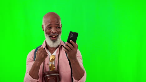 Black-man,-winner-and-phone-to-celebrate-on-green