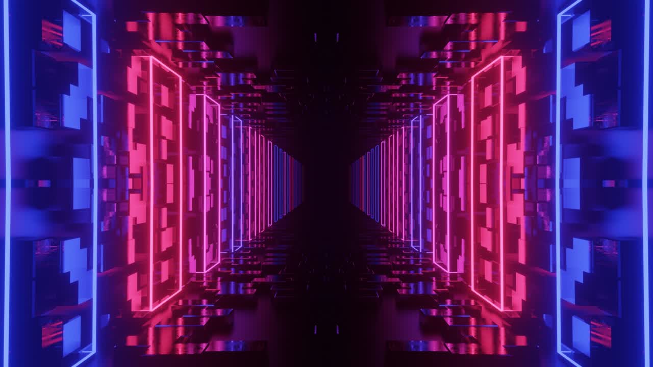Glow sci fi symmetrical construction. Vj loop trendy neon tunnel. hi tech neon tunel. Sci-fi flight through cyberspace with symmetry. Video game or vj night club background with neon light.