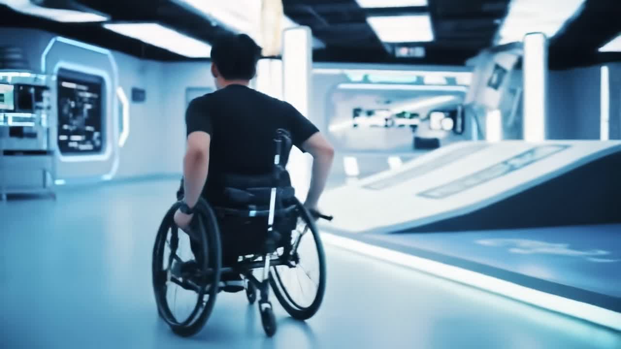 Man in Wheelchair in Futuristic Exhibition Hall