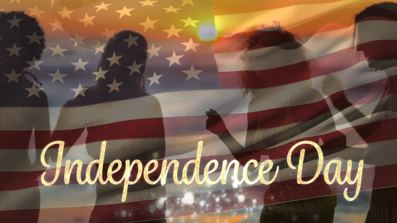 해변에서 춤추는 친구들과 독립기념일 문자가 새겨진 미국 발.