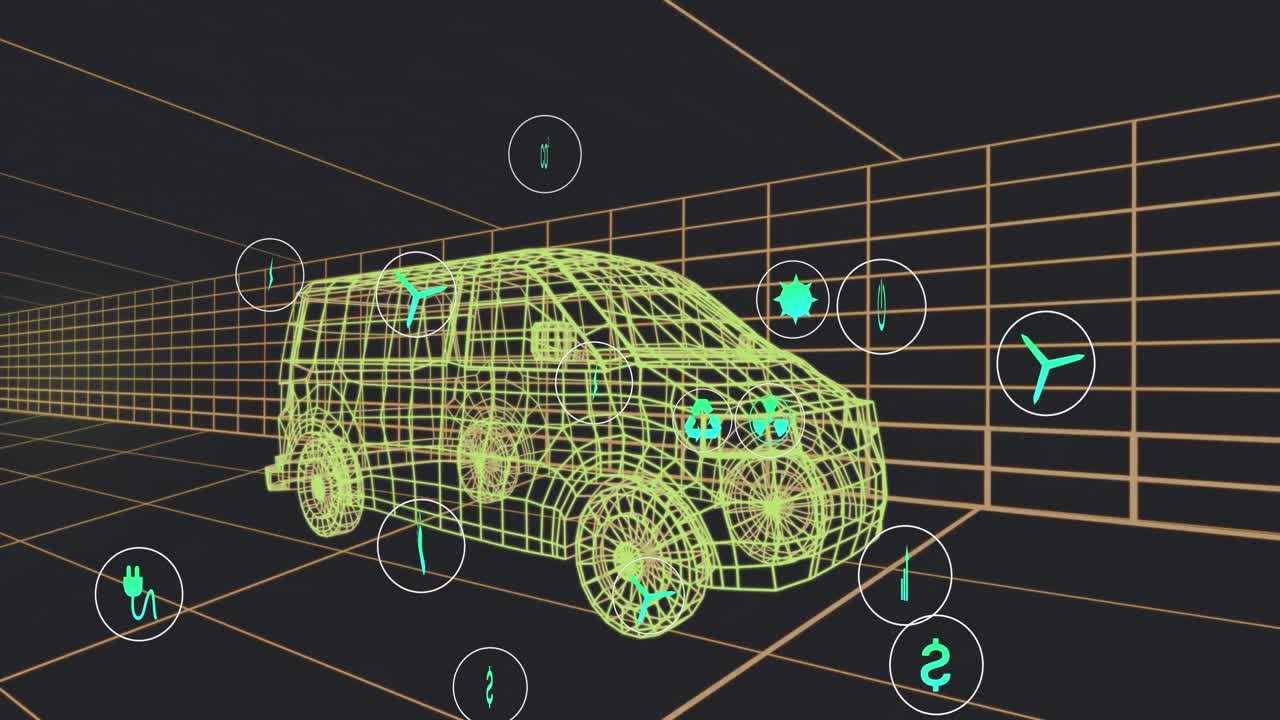 검은색 배경에 원활한 패턴으로 움직이는 3d 밴 모델 위의 여러 디지털 아이콘의 애니메이션