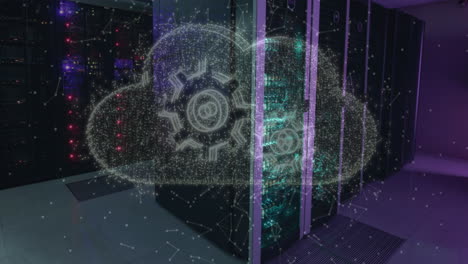 animación de la nube con el icono de los engranajes sobre la sala del servidor
