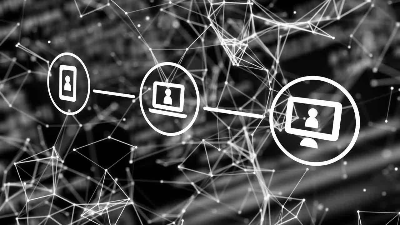 Animation of network of connections with icons on black background