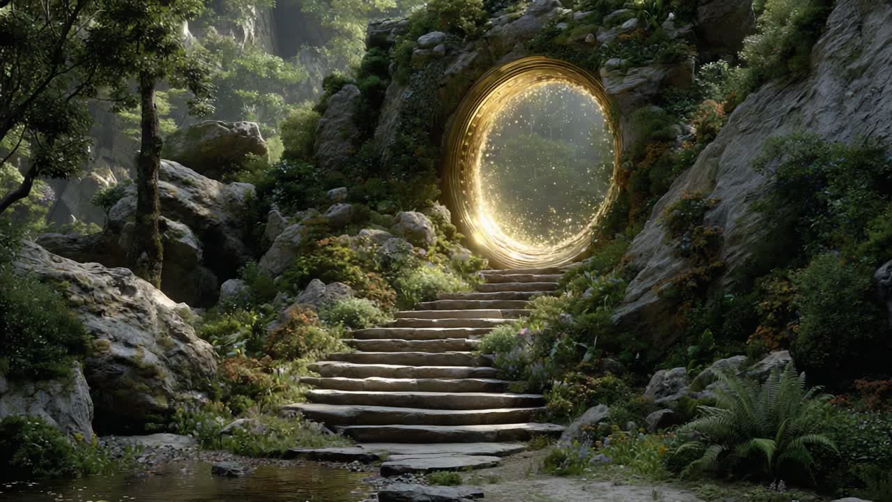 A mystical portal surrounded by lush greenery and ancient stones, inviting exploration through nature’s beauty and light, revealing hidden realms and secrets beyond