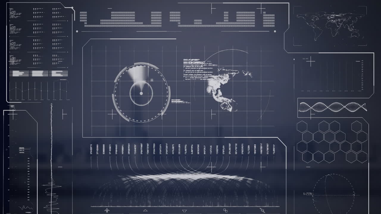 Animation of statistics, data processing over cityscape