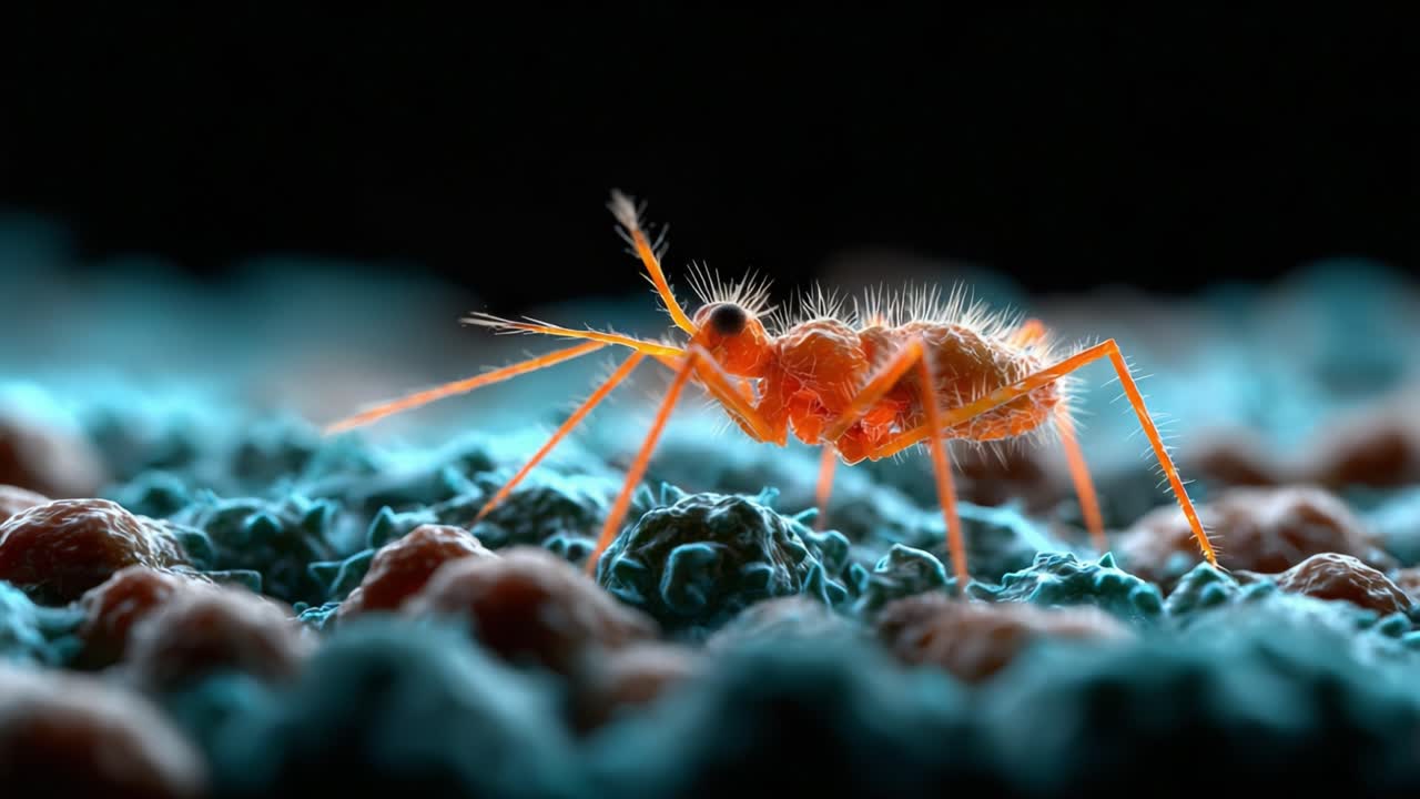 Close-Up View of a Tiny Insect on a Textured Surface Illuminated by Colorful Lighting, Showcasing Intricate Details and Features of Its Body