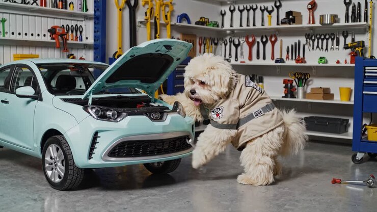 Cane meccanico al lavoro su un'auto