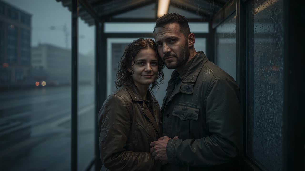 Sheltering couple seeking cover in rain at bus stop, holding hands by glass panel, jackets wet