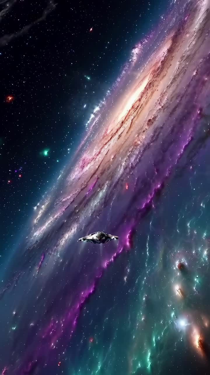 Una scena video cosmica di un'astronave vicino a una galassia vibrante, ripresa da un'angolazione dinamica