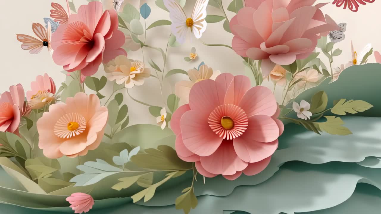 Telecamera in movimento che mostra fiori di carta a strati su un set da studio, con farfalle che svolazzano, rivelando i dettagli.