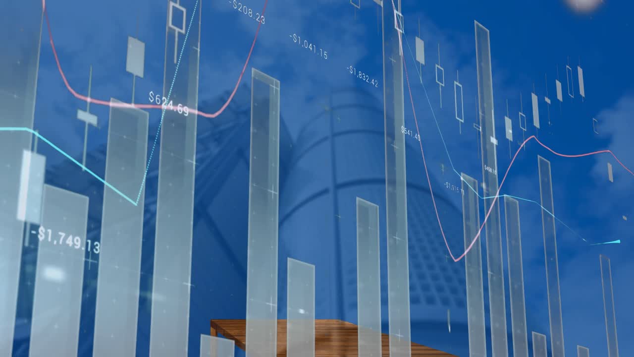 Animation de traitement de données statistiques sur une vue en contre-plongée de gratte-ciel.