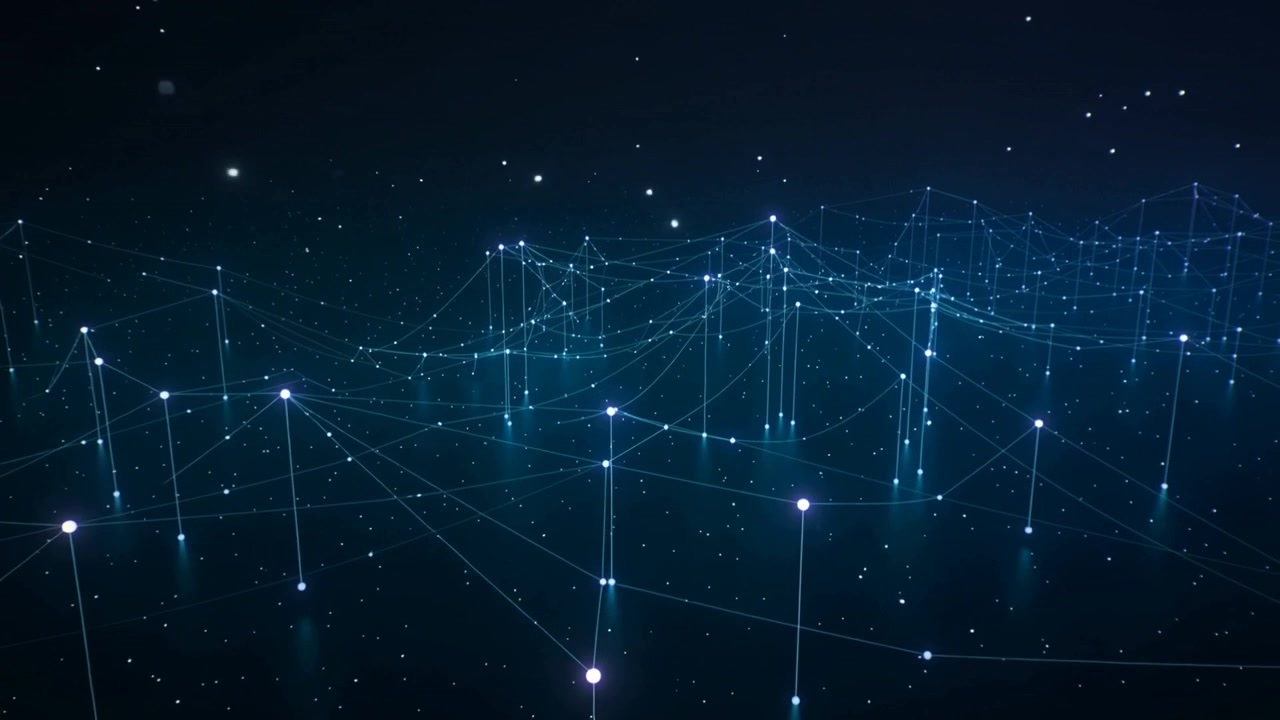 Panning camera revealing glowing node mesh pulsing to peaks across dark floor with beams and stars