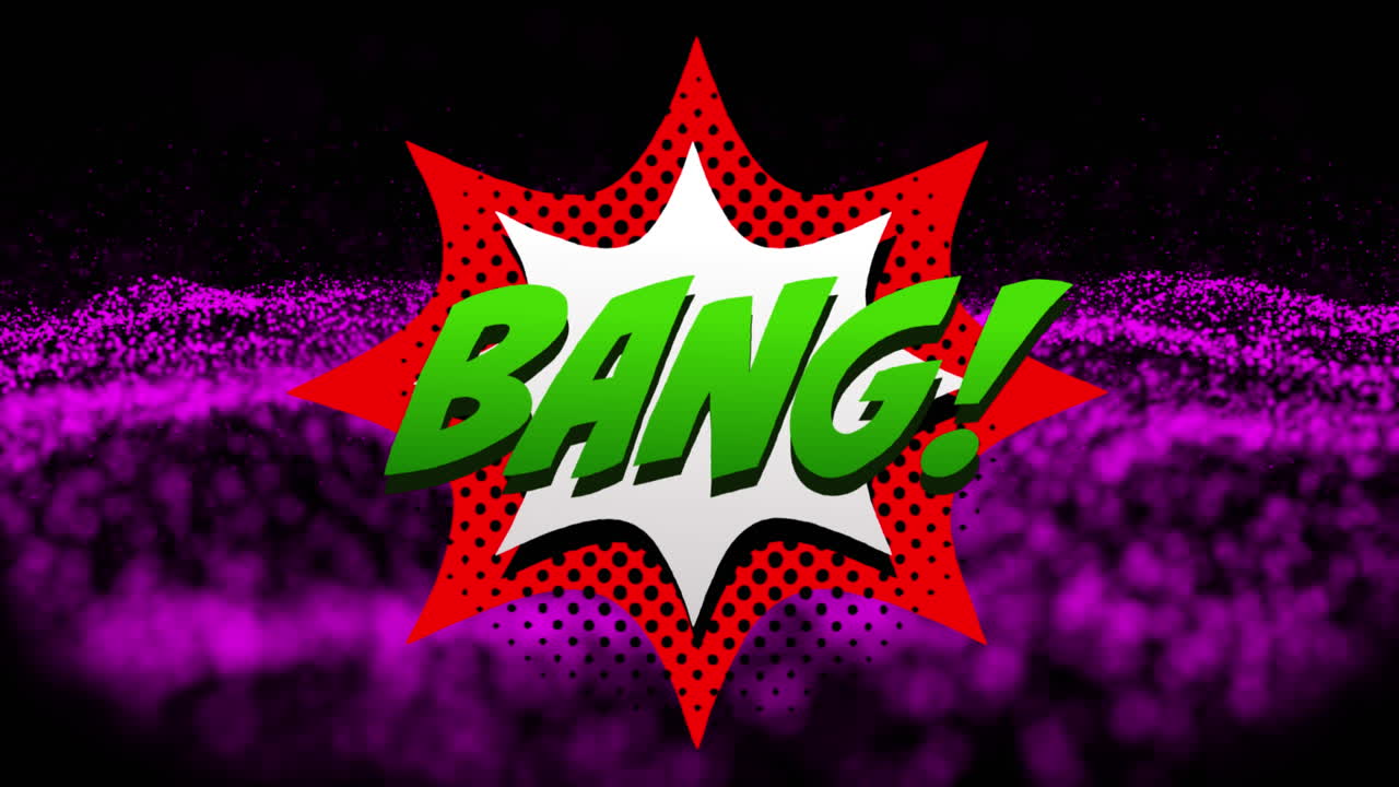 검은 바탕에 보라색 점 위에  ⁇  텍스트의 애니메이션