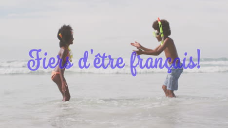 children playing in ocean waves with proud to be french text over animation