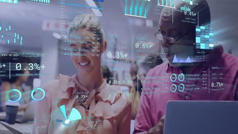 animation of diagrams and data processing over diverse colleagues discussing work in office