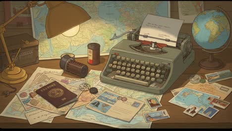 a nostalgic workspace featuring vintage maps, a typewriter, and travel memorabilia, evoking a sense of adventure and exploration in a creative environment