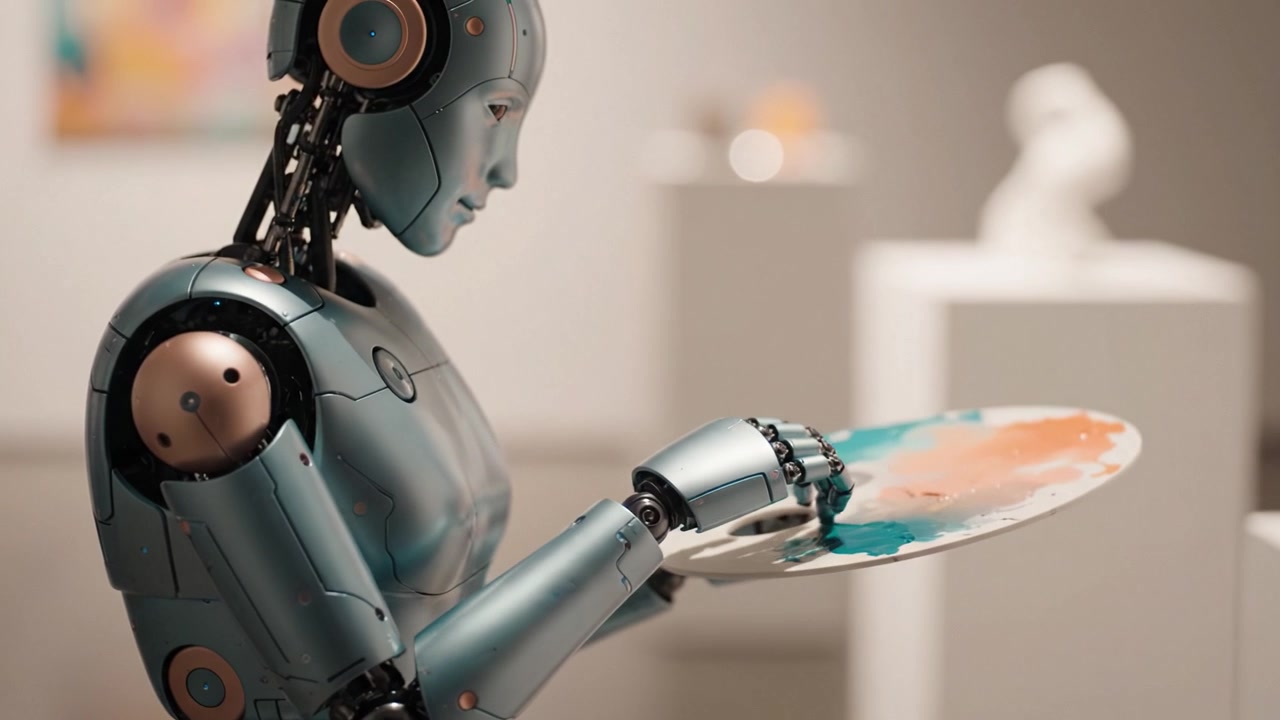 Modern bir sanat galerisi ortamında, teknoloji ve yaratıcılığın kusursuz birleşimini sergileyen, boya paletini titizlikle tutan fütüristik bir robot sanatçı